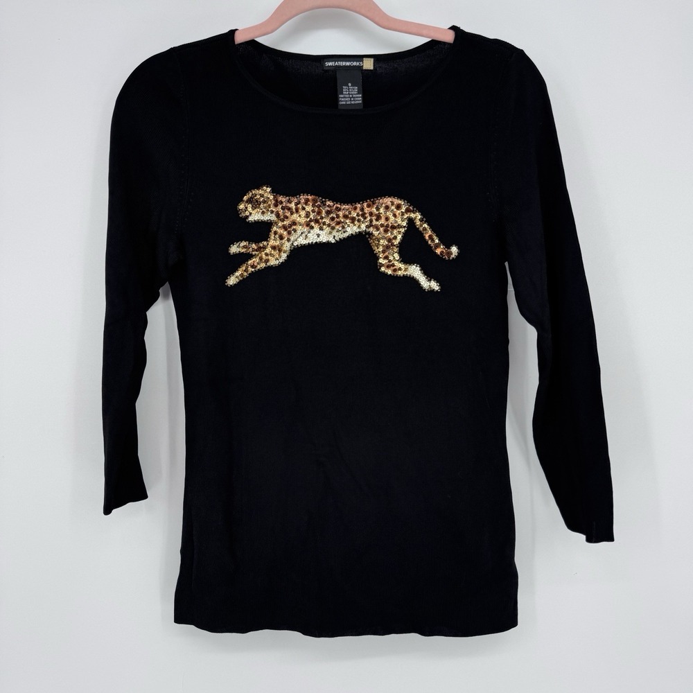 Sweaterworks Black Knit Top Small Sequin Leopard Cheetah Animal Print Y2K